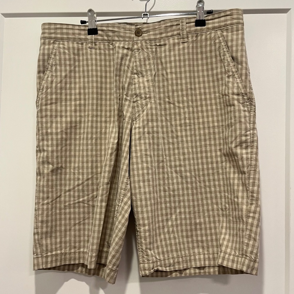 Hugo Boss Green Label Mens Gingham Check Shorts Tan White Regular Fit Size 34